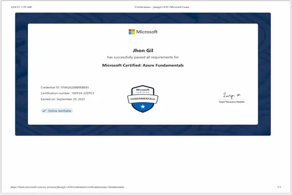 The Microsoft Certified: Azure Fundamentals certification demonstrates my foundational understanding of Microsoft Azure’s core services, cloud concepts, and governance tools. It serves as a strong baseline for working with Azure-based cloud solutions.

Key competencies include:
Understanding cloud computing principles including IaaS, PaaS, and SaaS models
Knowledge of Azure core services, such as compute (VMs), storage (Blob), networking (VNets), and databases (Azure SQL)
Familiarity with Azure pricing, cost management, and Service Level Agreements (SLAs)
Understanding of security, compliance, and privacy in Azure, including role-based access control (RBAC) and identity management with Azure Active Directory
Awareness of hybrid cloud and multicloud strategies using Azure services
Navigating and using tools like the Azure Portal, Azure CLI, and Azure Resource Manager

This certification confirms my readiness to support cloud adoption and infrastructure planning initiatives using Microsoft Azure.