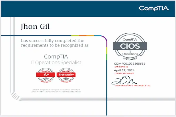 CIOS (IT Operations Specialist) is a “stackable certification” offered by CompTIA. 
A stackable cert means you earn it in addition to other CompTIA certifications: in this case, by achieving both CompTIA A+ and CompTIA Network+. Once you hold both, you qualify for CIOS. 

🎯 What Skills & Capabilities It Demonstrates

When someone has the CIOS certification, it shows they have:

Foundational knowledge in hardware, software, and troubleshooting (from A+). 
CompTIA

Networking basics: network setup, configuration, management, security, etc. (from Network+). 
CompTIA

Ability to manage everyday IT operations: keeping systems running, handling support issues, and coordinating between hardware, software, and network resources. 
Credly