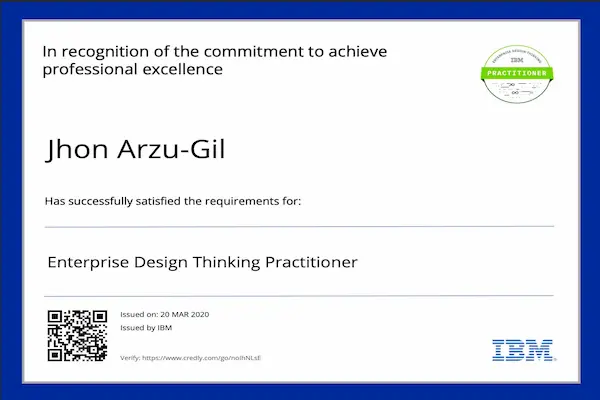 The Enterprise Design Thinking Practitioner badge certifies my ability to apply IBM’s user-centered design framework to solve complex problems and create innovative, human-focused solutions.

Key competencies gained include:
Applying empathy-driven research to understand user needs and pain points
Using tools like “Hills,” “Playbacks,” and “Sponsor Users” to align teams around a clear problem statement and measurable outcomes
Facilitating collaborative ideation and rapid prototyping to validate ideas early
Driving agile, iterative development by integrating continuous user feedback
Enhancing team alignment, creativity, and user satisfaction across product lifecycles

This certification demonstrates my ability to merge business strategy, technology, and user experience to deliver solutions that create real value for users and stakeholders.