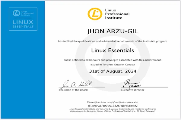 Holding the Linux Essentials certificate shows you have foundational knowledge in:

The Linux & open source ecosystem: what open source means, popular Linux distributions, open source licensing.Working with Linux at a basic level: using the command line, navigating files and directories, managing users/groups, permissions. 
Basic file operations: creating and restoring compressed archives and backups. Simple scripting: writing and running basic shell scripts. Understanding basic system security topics: file permissions, user/group roles, public/private directory management. 
Linux Professional Institute (LPI)